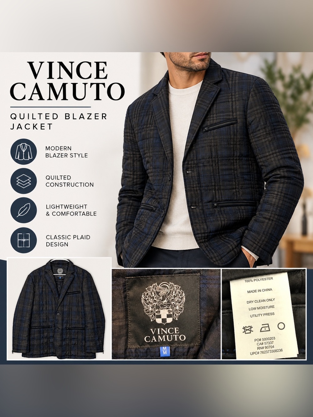 Vince Camuto Quilted Plaid Blazer Jacket Menβs Size M